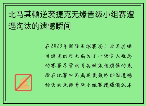 北马其顿逆袭捷克无缘晋级小组赛遭遇淘汰的遗憾瞬间