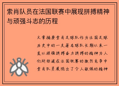 索肖队员在法国联赛中展现拼搏精神与顽强斗志的历程