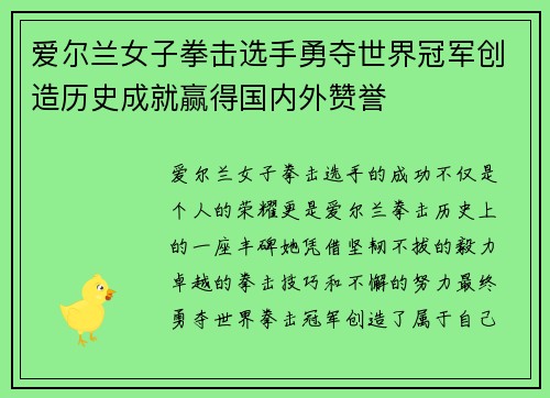 爱尔兰女子拳击选手勇夺世界冠军创造历史成就赢得国内外赞誉