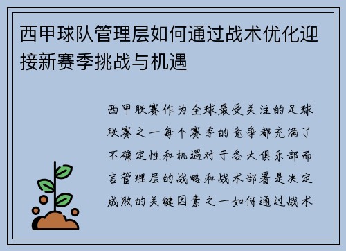 西甲球队管理层如何通过战术优化迎接新赛季挑战与机遇