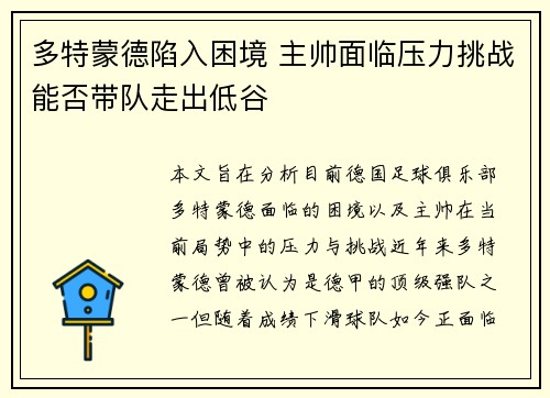 多特蒙德陷入困境 主帅面临压力挑战能否带队走出低谷