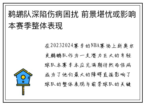 鹈鹕队深陷伤病困扰 前景堪忧或影响本赛季整体表现